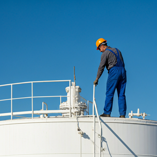 An industrial worker in blue overalls and helmet working on top of a large white storage tank.