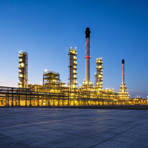 Panoramic view of a modern oil refinery complex at dusk