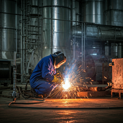 Worker welding in an industrial power facility